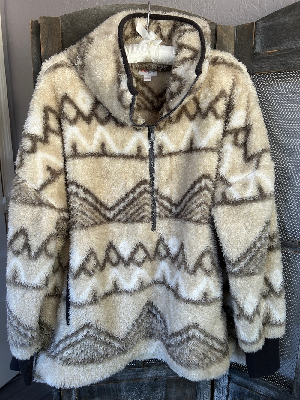LuLaRoe Cream and Brown Aztec Fuzzy Half-Zip Teddy Jacket